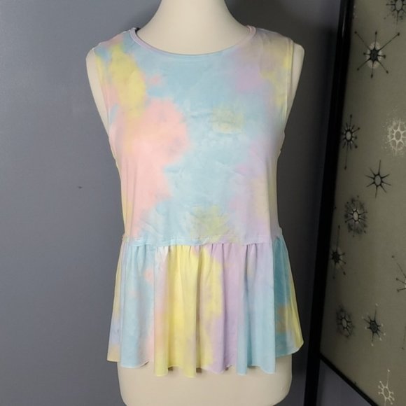 Nwot Pink Lily Rainbow Pastel Tie Dye Peplum Tank Top Shirt Sleeveless Sz S - Picture 1 of 8